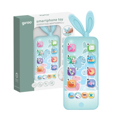 Brinquedo smartphone azul claro com orelhas de coelho e ícones coloridos.