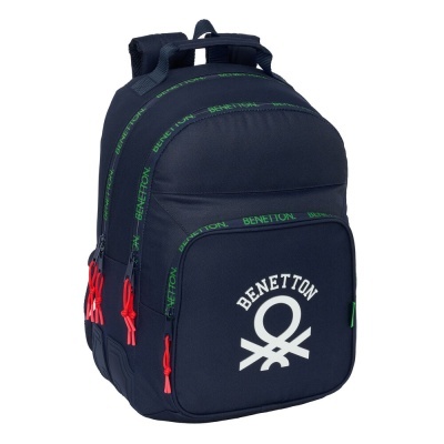 Mochila azul escura com logo Benetton e detalhes em vermelho