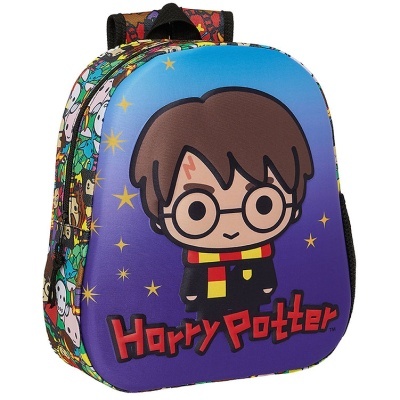 Mochila infantil azul com personagem Harry Potter em estilo cartoon e texto vermelho