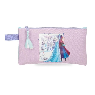 Estojo escolar lilás com personagens Elsa e Anna do Frozen