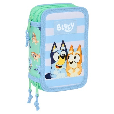 Estojo escolar azul claro e verde com personagens Bluey e fechos com corda knotted.