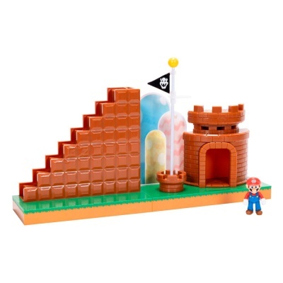 Brinquedo de construção estilo LEGO Super Mario com torre, bandeira e figura de Mario