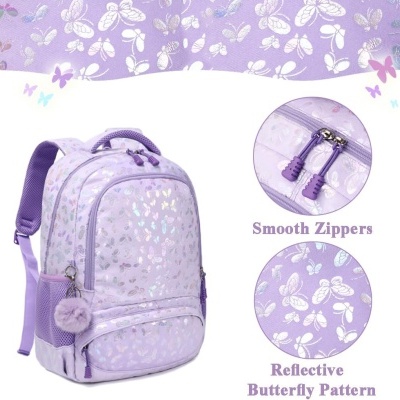 Mochila lilás com padrão de borboletas refletivas e zíperes duplos