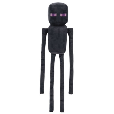 Pelúcia Enderman do Minecraft, preta com olhos roxos e braços longos.