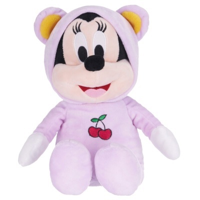 Pelúcia da personagem Minnie com capuz lilás e bordado de cerejas.