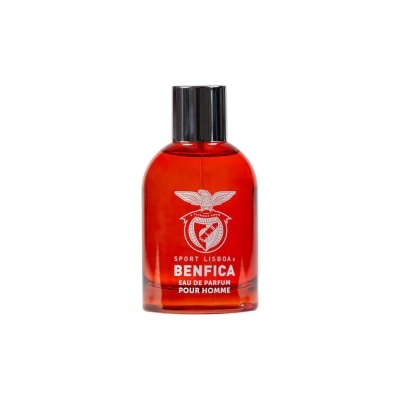 Frasco vermelho de perfume Benfica com tampa preta