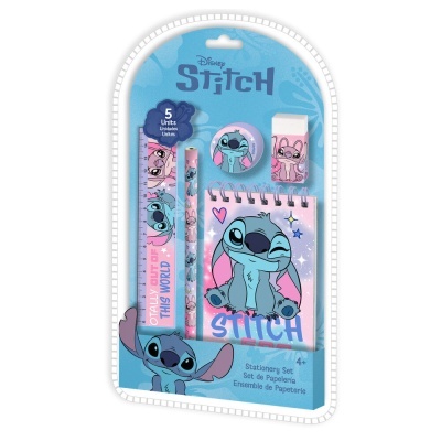 Conjunto de papelaria Disney Stitch com régua, lápis, apontador, borracha e caderno coloridos.