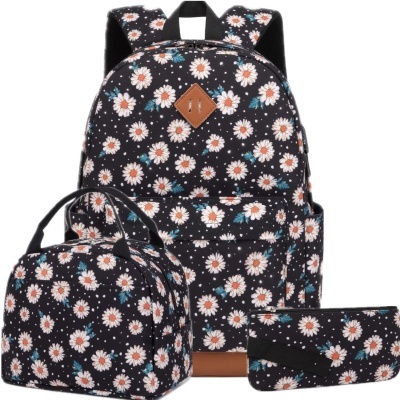 Conjunto de mochila, bolsa e carteira floral preta com detalhes castanhos