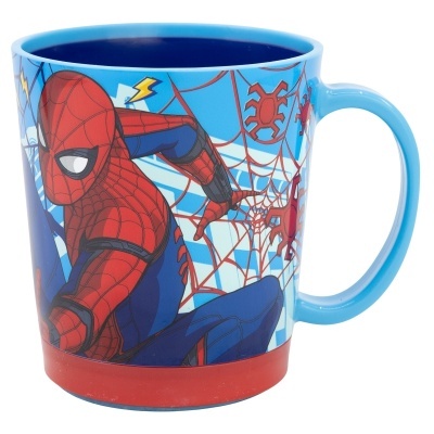Caneca azul com decoração do Homem-Aranha e teia de aranha