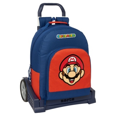 Mochila Super Mario azul e vermelha com carrinho e alça extensível