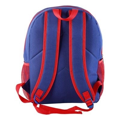 Mochila azul com alças e detalhes vermelhos, vista traseira