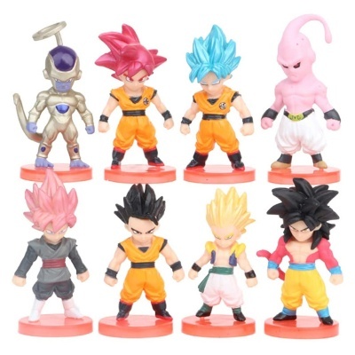 Oito figuras de ação Dragon Ball em bases laranja com várias cores e trajes