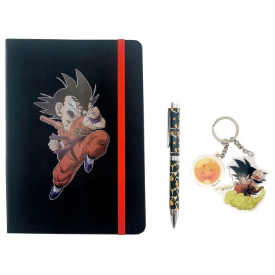 Conjunto com caderno preto, caneta decorada e chaveiro colorido com personagens de desenho animado