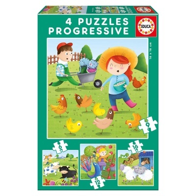 Caixa verde de 4 puzzles progressivos EDUCA com imagens de animais e crianças na quinta