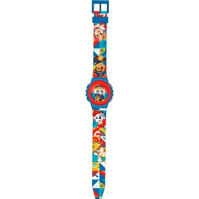 Relógio digital infantil com personagens coloridos no bracelete azul e vermelho
