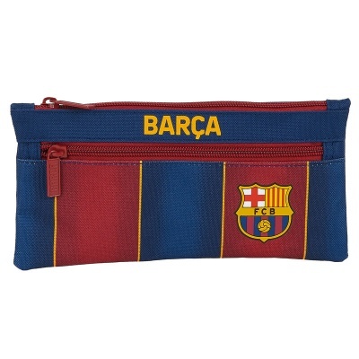 Estojo azul e vermelho com palavra BARÇA e emblema do FC Barcelona