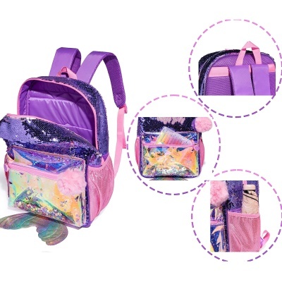 Mochila rosa e roxa com lantejoulas e bolsos transparentes holográficos