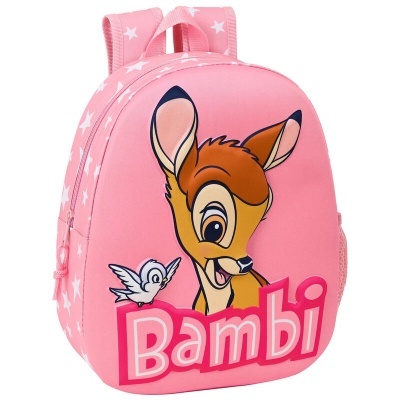 Mochila infantil rosa com estampa do Bambi e texto
