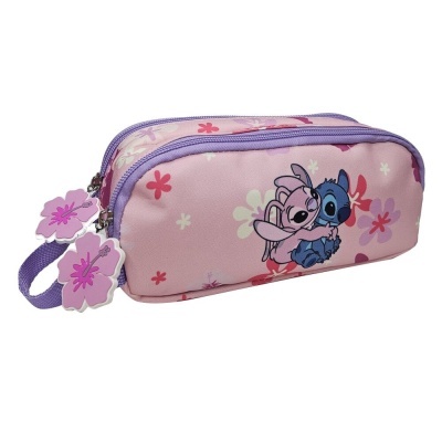 Estojo escolar cor-de-rosa com ilustração Stitch e Angel