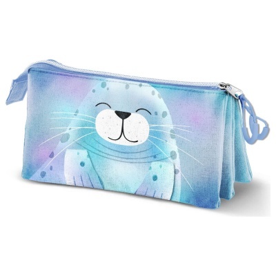Estojo escolar azul com desenho de foca sorridente