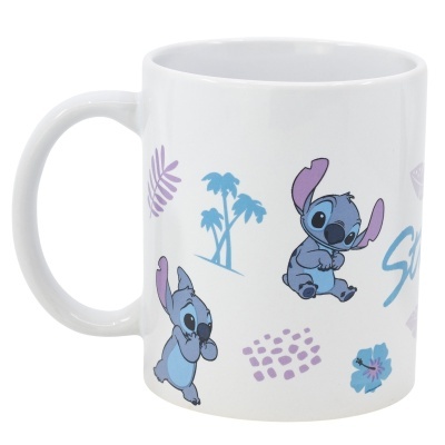 Caneca branca com desenhos do Stitch em azul e roxo e motivos tropicais