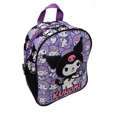 Mochila infantil pequena com personagem Kuromi e padrão em roxo, preto e branco