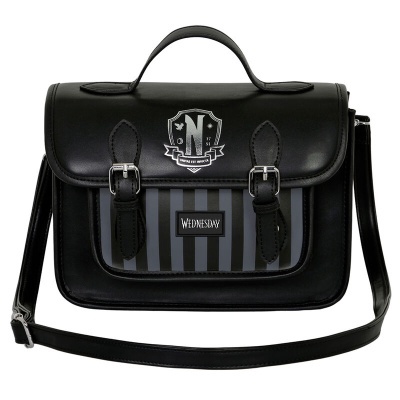 Mala preta de riscas verticais cinzentas com alça ajustável e pega superior