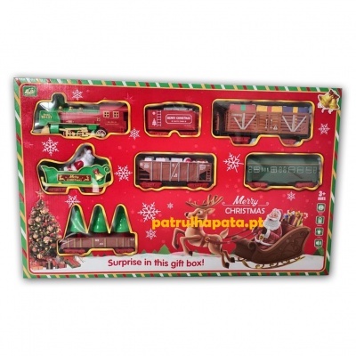 Conjunto de comboio de Natal com carruagens, árvores e trenó numa caixa colorida