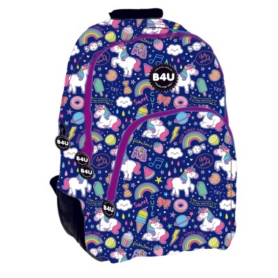 Mochila azul escuro com padrão colorido de unicórnios e arco-íris
