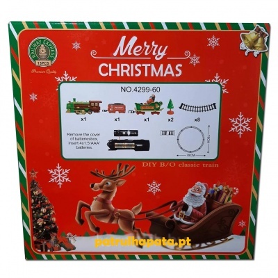 Embalagem de kit de comboio clássico DIY com tema de Natal e peças ilustradas.