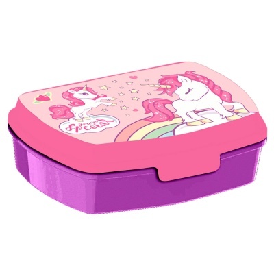 Estojo de plástico rosa e lilás com unicórnios na tampa