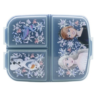 Estojos em plástico azul com personagens animadas e flocos de neve