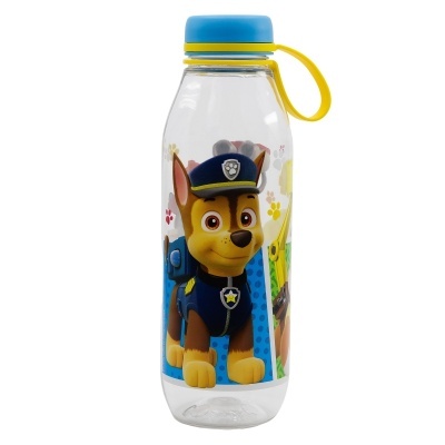 Garrafa transparente com tampa azul e personagem Chase da Paw Patrol