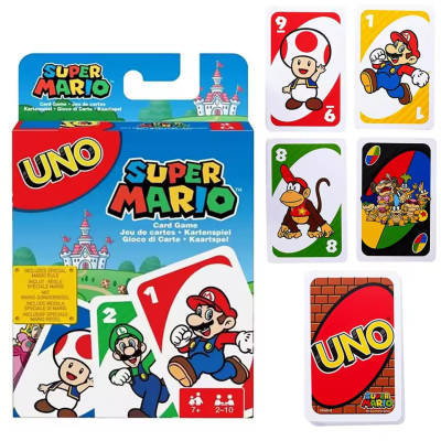 Baralho UNO Super Mario com cartas coloridas e personagens Mario