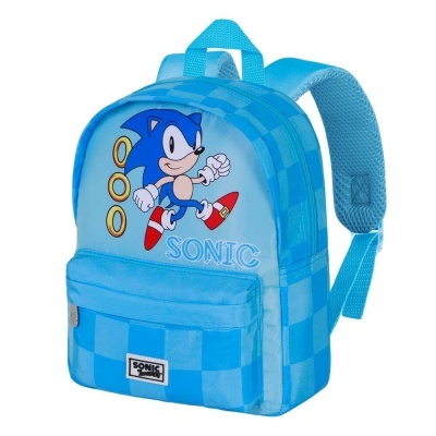 Mochila azul clara com desenho do personagem Sonic e padrão xadrez