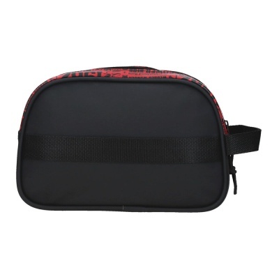 Necessaire preta com alça e detalhe superior vermelho com texto