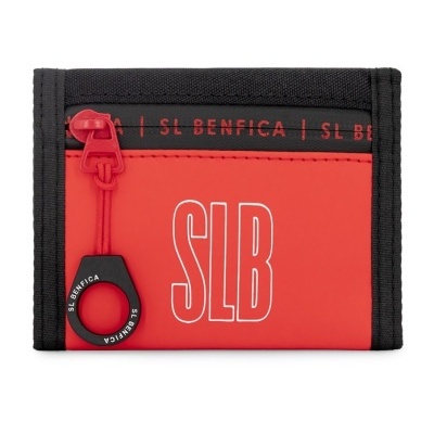 Carteira vermelha e preta com fecho de correr e inscrições SLB e SL BENFICA