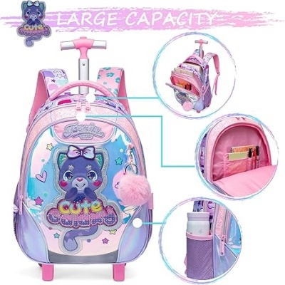 Mochila de rodinhas rosa e azul com estampa de urso e texto cute bear