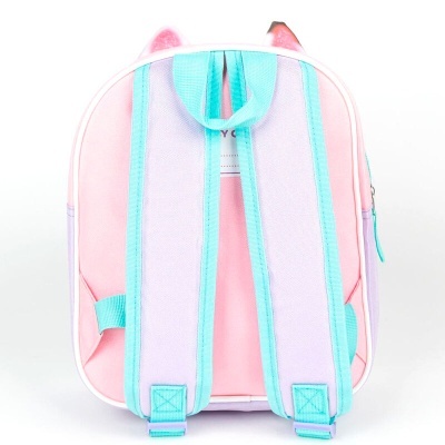 Mochila infantil rosa e lilás com alças azul claro vista de trás