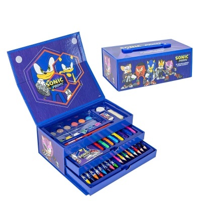 Estojo de desenho azul do Sonic Prime com lápis de cor, tintas e acessórios.