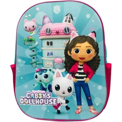Mochila azul com estampa Gabby's Dollhouse e personagens.