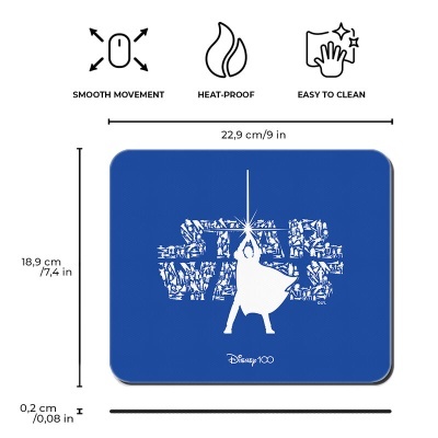 Tapete de rato azul com personagem branca e texto Disney 100