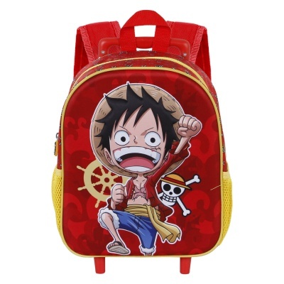 Mochila vermelha e amarela com personagem de anime e símbolo de caveira