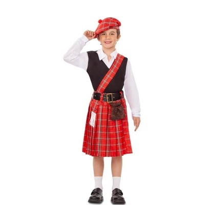 Traje tradicional escocês infantil para menino com saia plissada vermelha xadrez, colete preto, camisa branca e chapéu xadrez