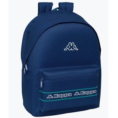 Mochila azul escura da marca Kappa com bolso frontal e logótipos