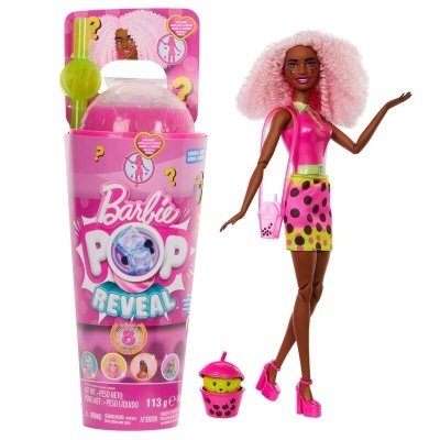 Boneca Barbie com vestido colorido e cabelo rosa, com embalagem cor-de-rosa Barbie Pop Reveal