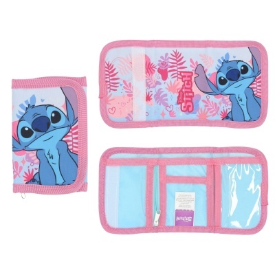 Carteira infantil azul e rosa com personagem Stitch e padrão de folhas cor-de-rosa