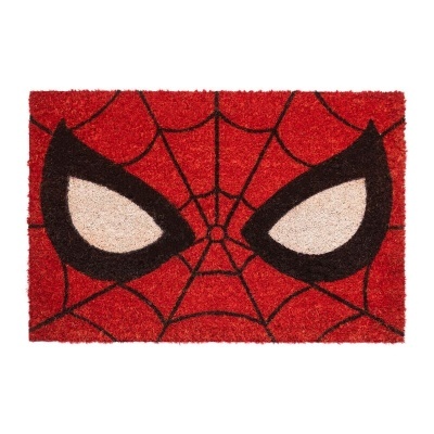 Tapete vermelho com padrão de rosto do Homem-Aranha.