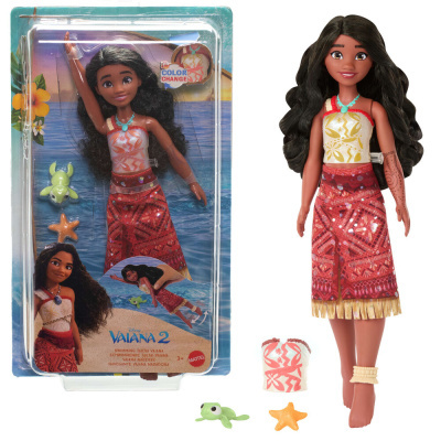 Boneca Vaiana Disney Vaiana 2 com saia vermelha, blusa branca, acessórios tartaruga e estrela-do-mar