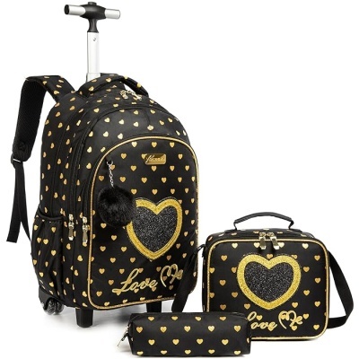 conjunto mochila de rodinhas estojo bolsa térmica pretos com corações dourados Love Me